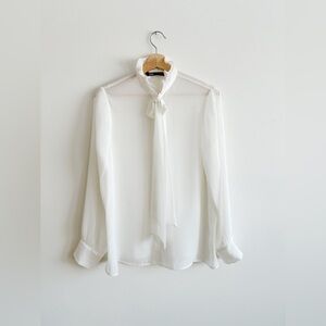 Zara White Tie-Neck Sheer Blouse